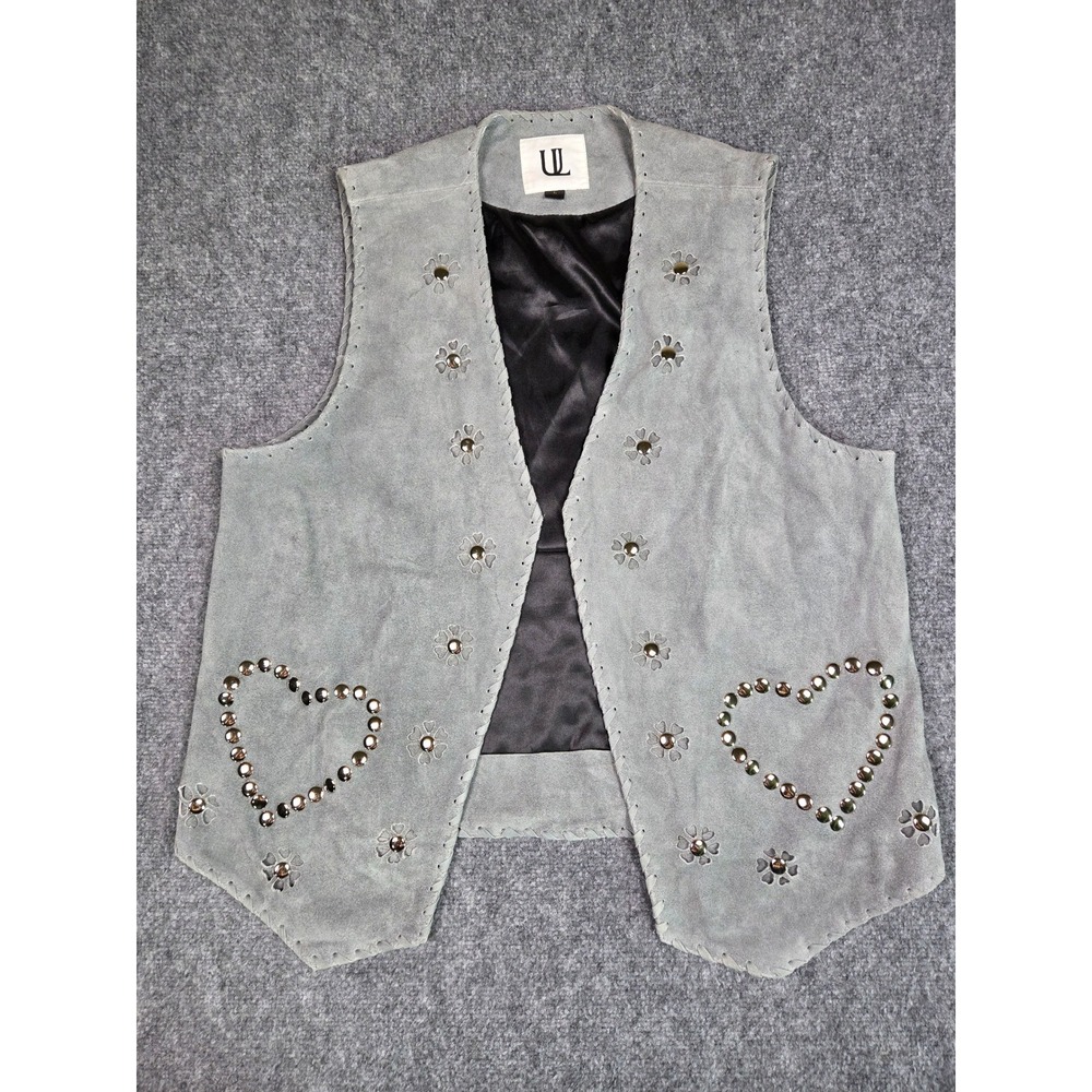 Understated Leather UL Suede Vest Womens Large Grey Studded‎ Heart Floral